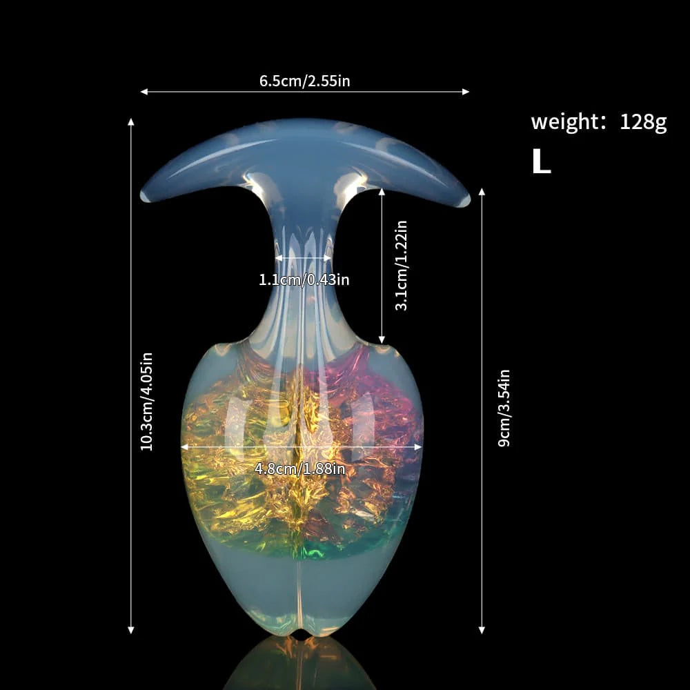 Large-sized rainbow aurora crackle plug specification diagram showing total height and width measurements with a 128g weight
