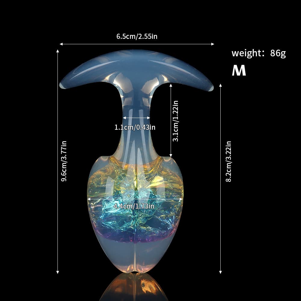Medium-sized rainbow aurora crackle plug size chart, detailing height, width, and 86g weight on a black background