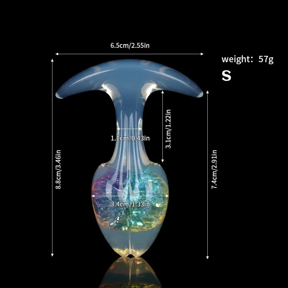 Product dimensions and weight chart for the small-sized rainbow aurora crackle plug, displaying height and width on a dark background.