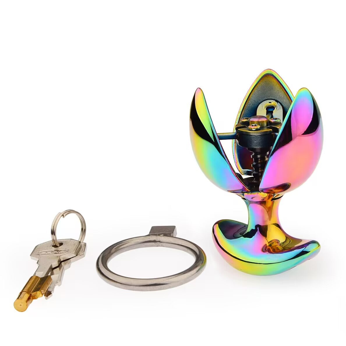 Rainbow lockable metal plug displayed with matching keys and auxiliary adjustment ring.