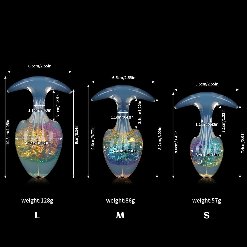 Size guide for the rainbow prism crackle plug showing dimensions, weights, and heights for Large, Medium, and Small (L, M, S) options