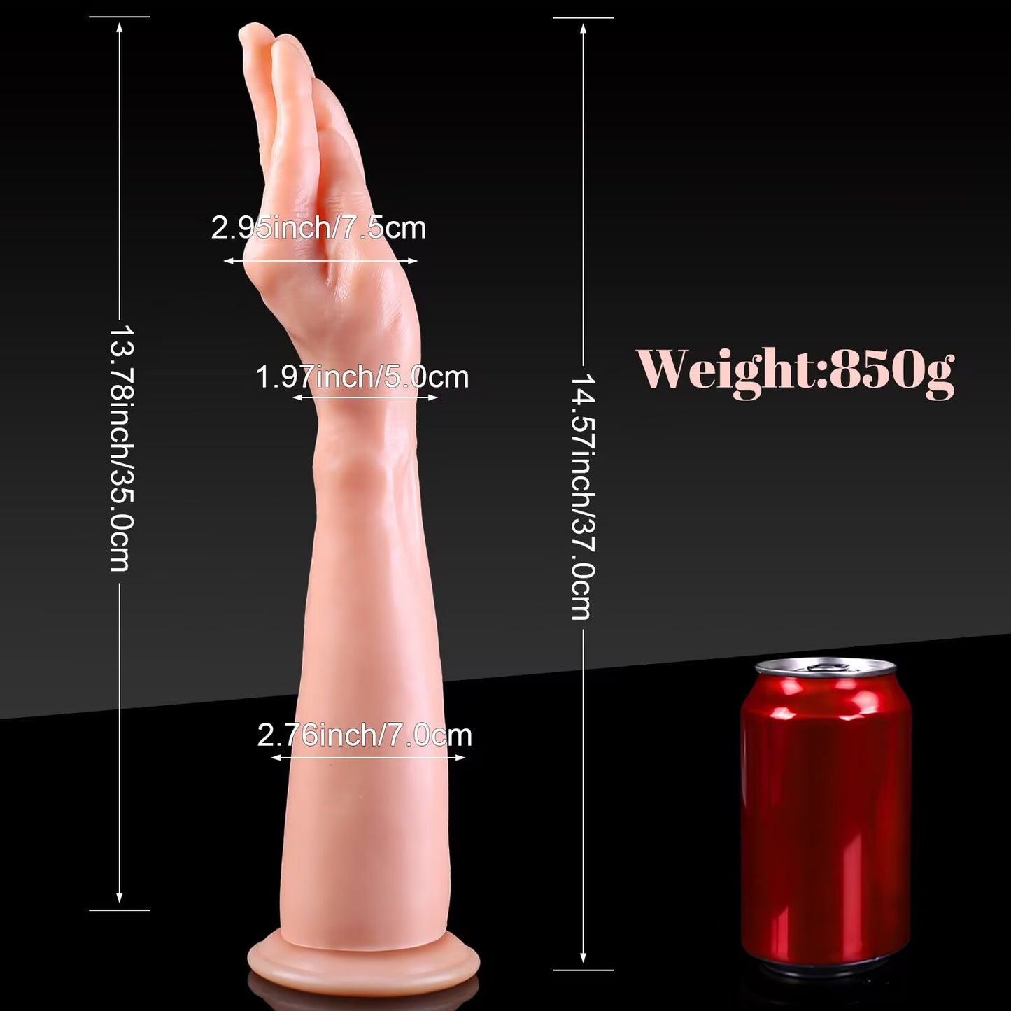 Detailed size chart for the realistic arm dildo showing total height of 37cm (14.57 inches), insertable length of 35cm (13.78 inches), and weight of 850g compared next to a standard soda can.