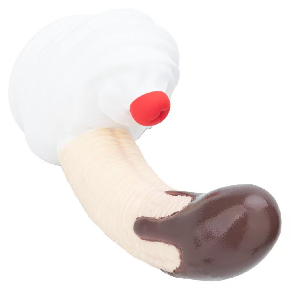 Top-down angled view highlighting the realistic banana skin texture, chocolate tip, and red cherry accent on the base.