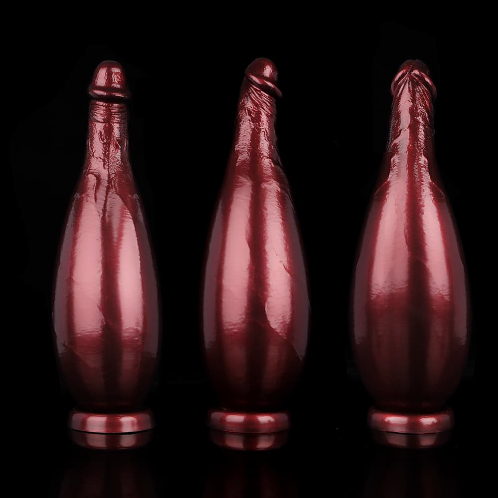 Three burgundy realistic inflatable dildos stood side by side on a black background, showing different inflation levels.
