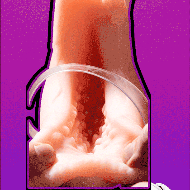 Close-up view of the inner ribbed and pebbled texture channel of the high heel male masturbator.