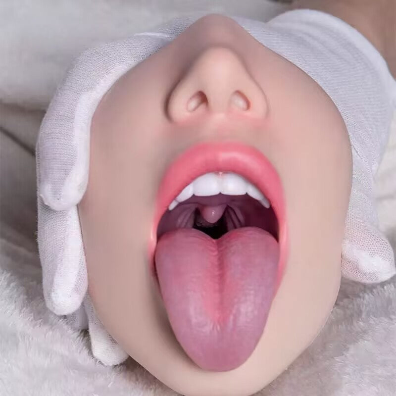 Front view showing realistic silicone mouth, teeth, and flexible tongue structure