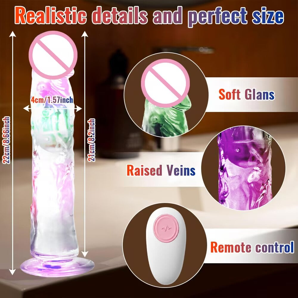 Medium size 22cm crystal vibrating dildo featuring realistic raised veins and soft glans detailing.