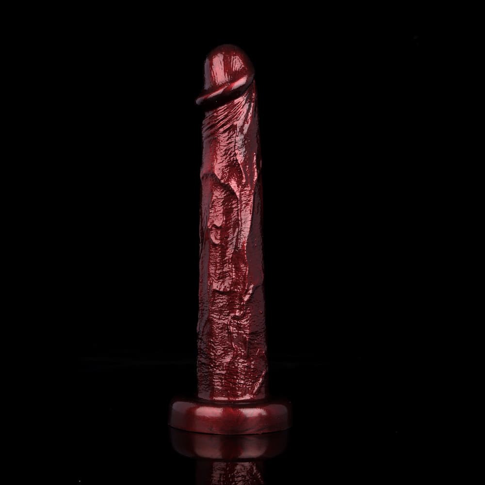 Side profile view of the burgundy realistic dildo, highlighting the detailed shaft veins and lifelike head.