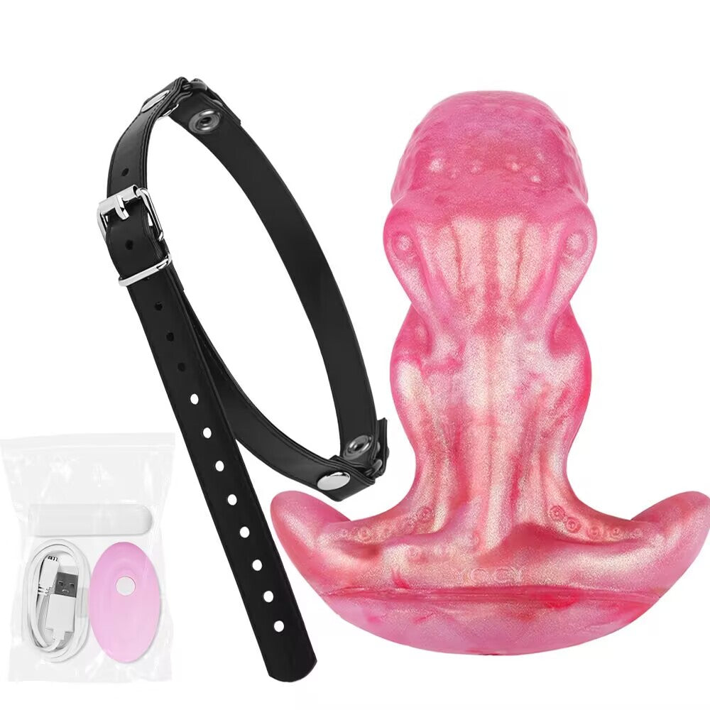 Octopus shape fantasy dildo set featuring black adjustable leather strap and wireless remote vibrating bullet.