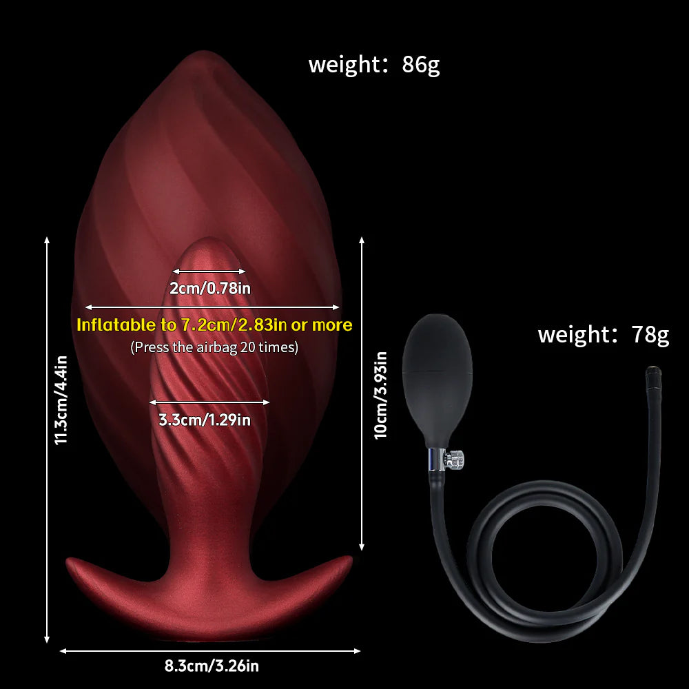 Size reference guide for the red inflatable anal dilator plug, showing it expands to 2.83 inches or more after pressing the handheld inflation bulb 20 times.