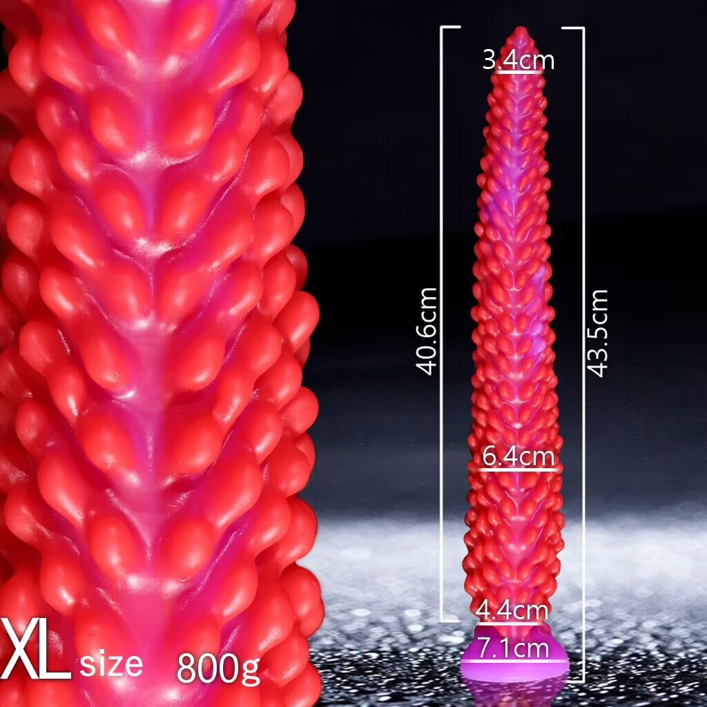 Red and purple extra large size XL fantasy silicone dildo measuring 43.5cm total length.