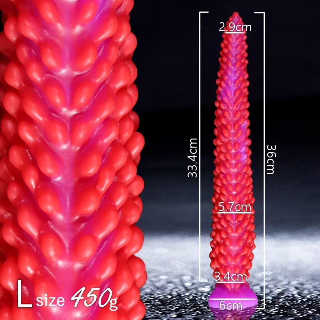 Red and purple large size L fantasy tentacle silicone dildo measuring 36cm total length.