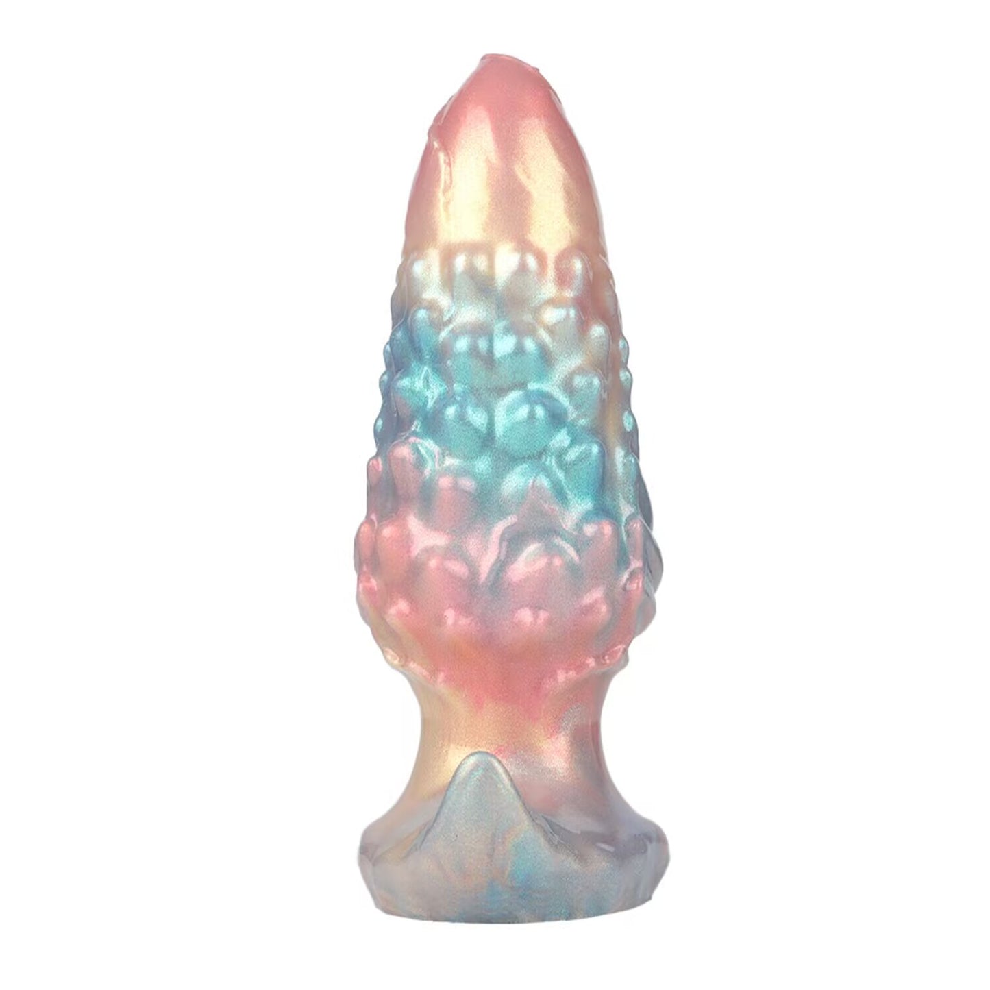 Rear view of the 7 inch rippled monster dildo highlighting the heavy textures, ribbed nodes, and flexible silicone shaft.