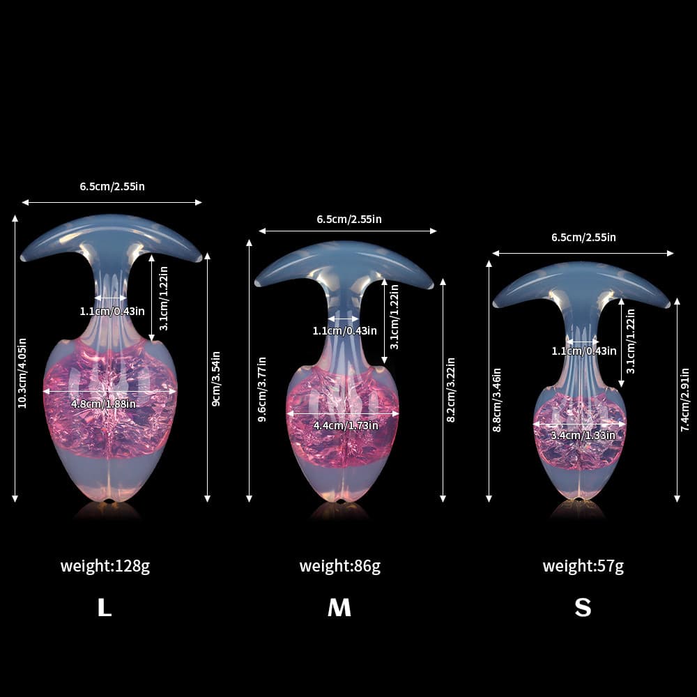Comparison of Small, Medium, and Large rose pink crackle plugs showing exact measurements and product weights.
