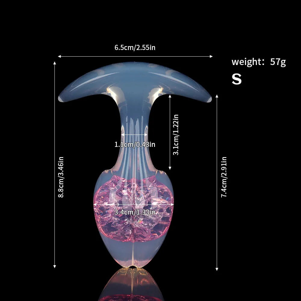 Small size specifications for the rose pink crackle plug, detailing height, width, and weight on a dark background.