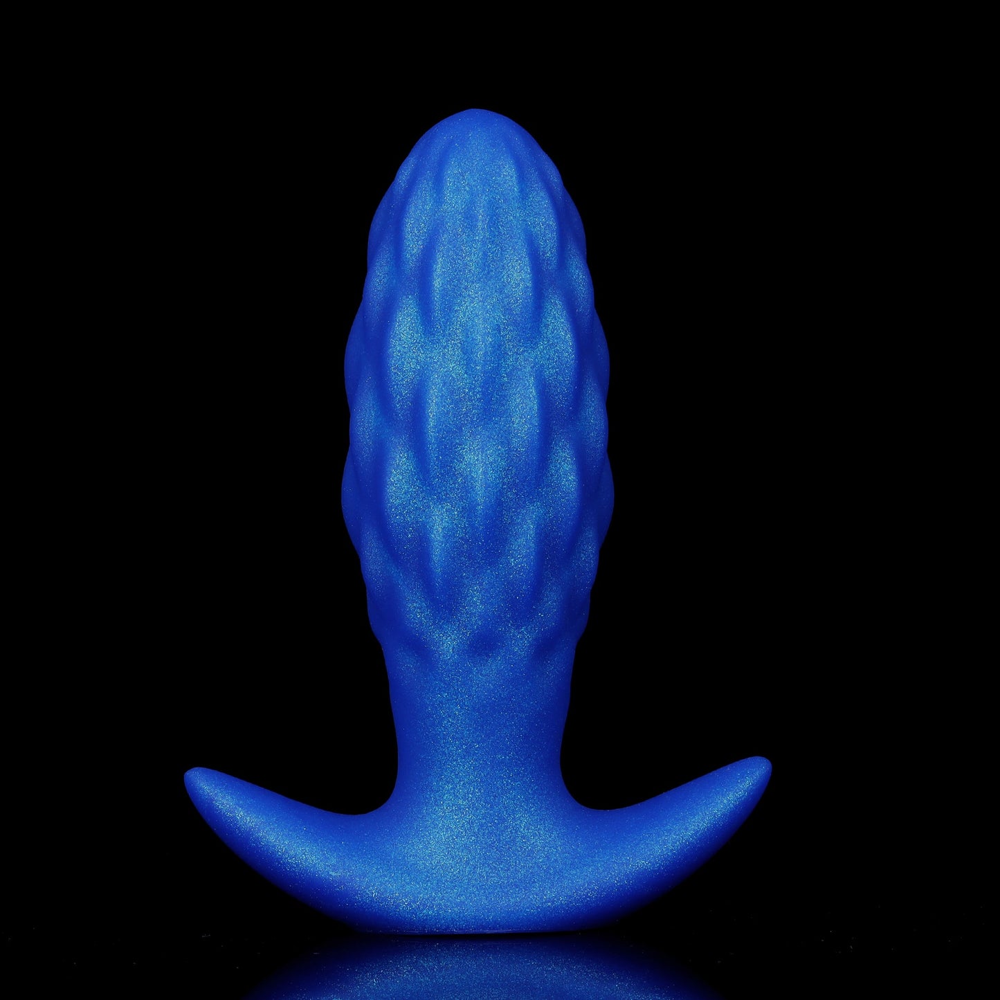 Royal blue cosmic shimmer inflatable butt plug with unique pinecone textures on high-quality flexible body-safe silicone