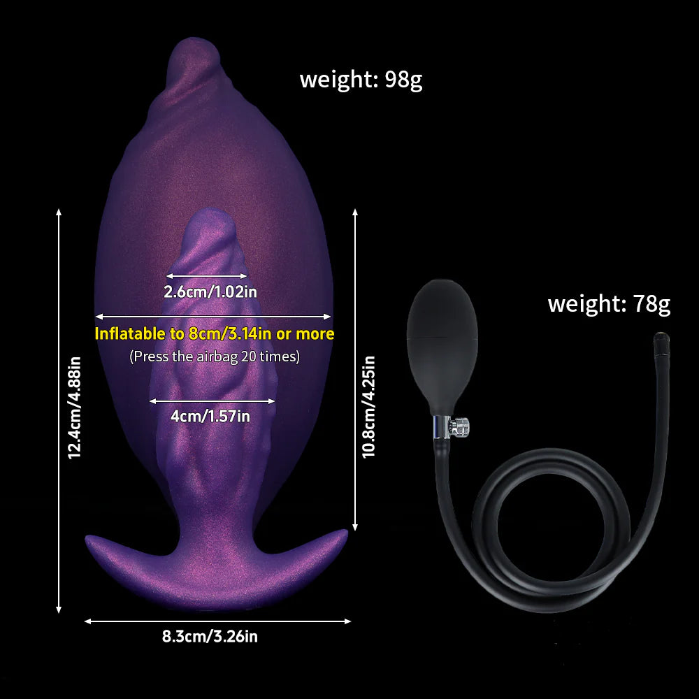 Product dimension diagram for the royal purple expandable anal plug, indicating a 10.8cm insertable length, 2.6cm ripple tip, and inflation capacity up to 3.14 inches or more after 20 pumps.