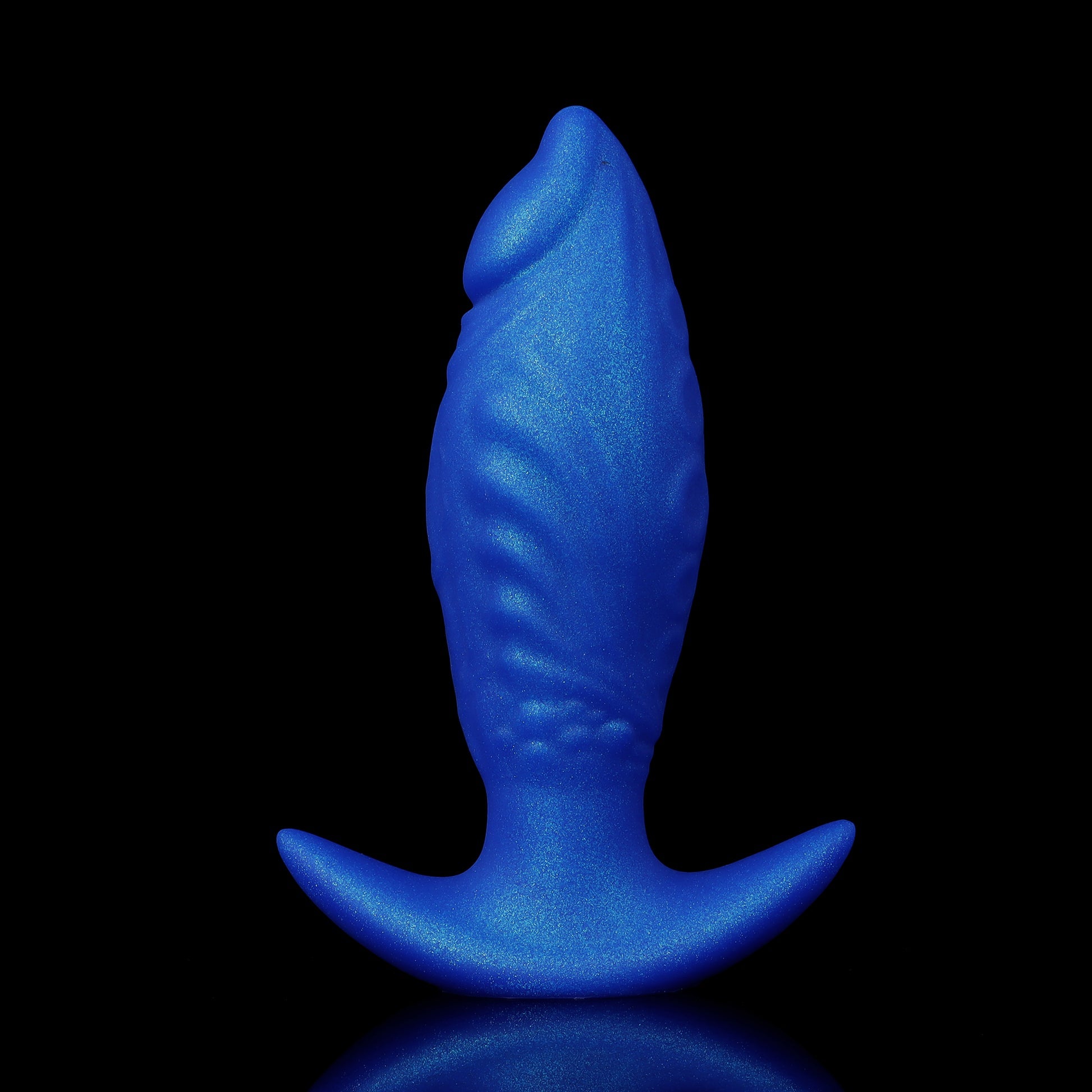 Sapphire Blue alien biological themed inflatable butt plug with textured ridges for advanced training.