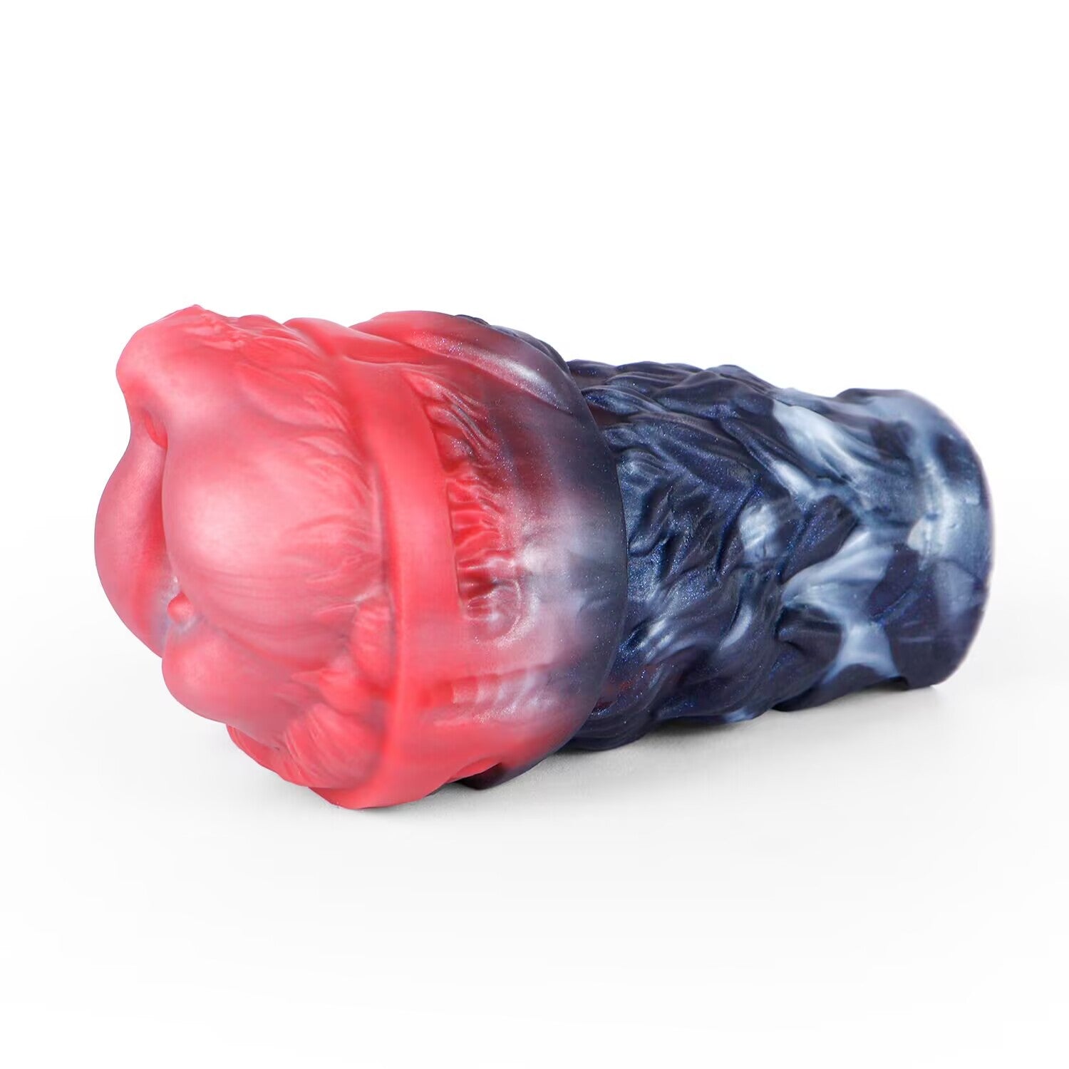 Side profile view of Shadow Wolf Den fantasy male stroker sleeve with wolf fur pattern and red top section.