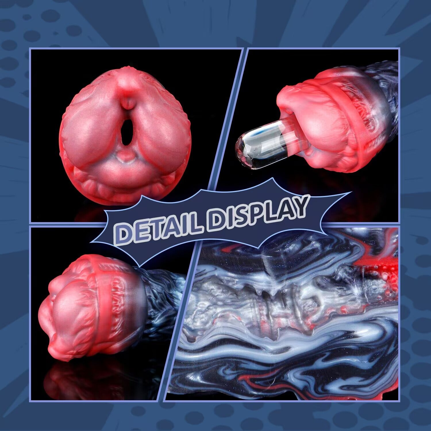 Detail display collage of Shadow Wolf Den male stroker showcasing entry orifice, internal channel texture, and sleeve design.