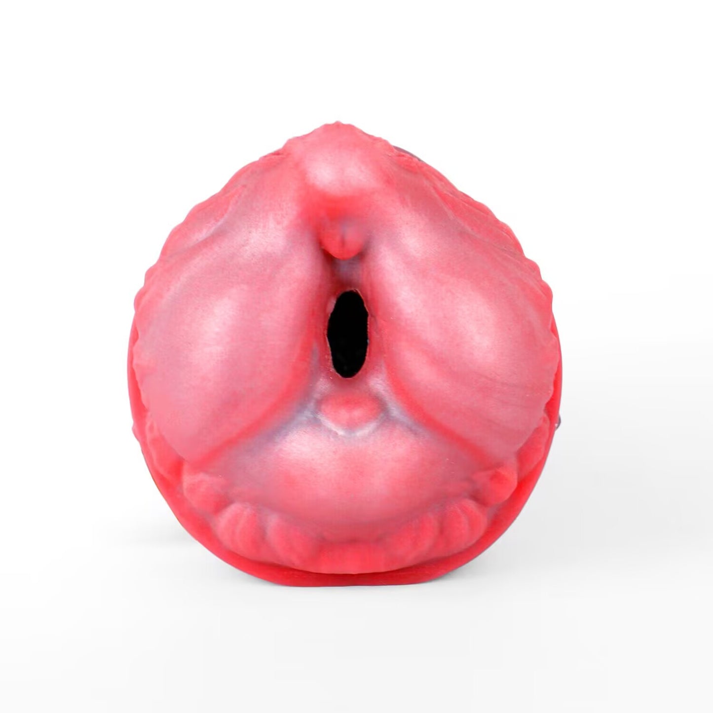 Straight on view showing the red textured entry orifice of Shadow Wolf Den male masturbator sleeve.