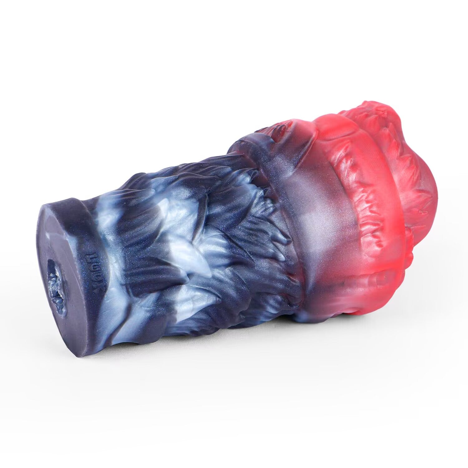 Full view of Shadow Wolf Den silicone male stroker with dark wolf fur texture and red top section.