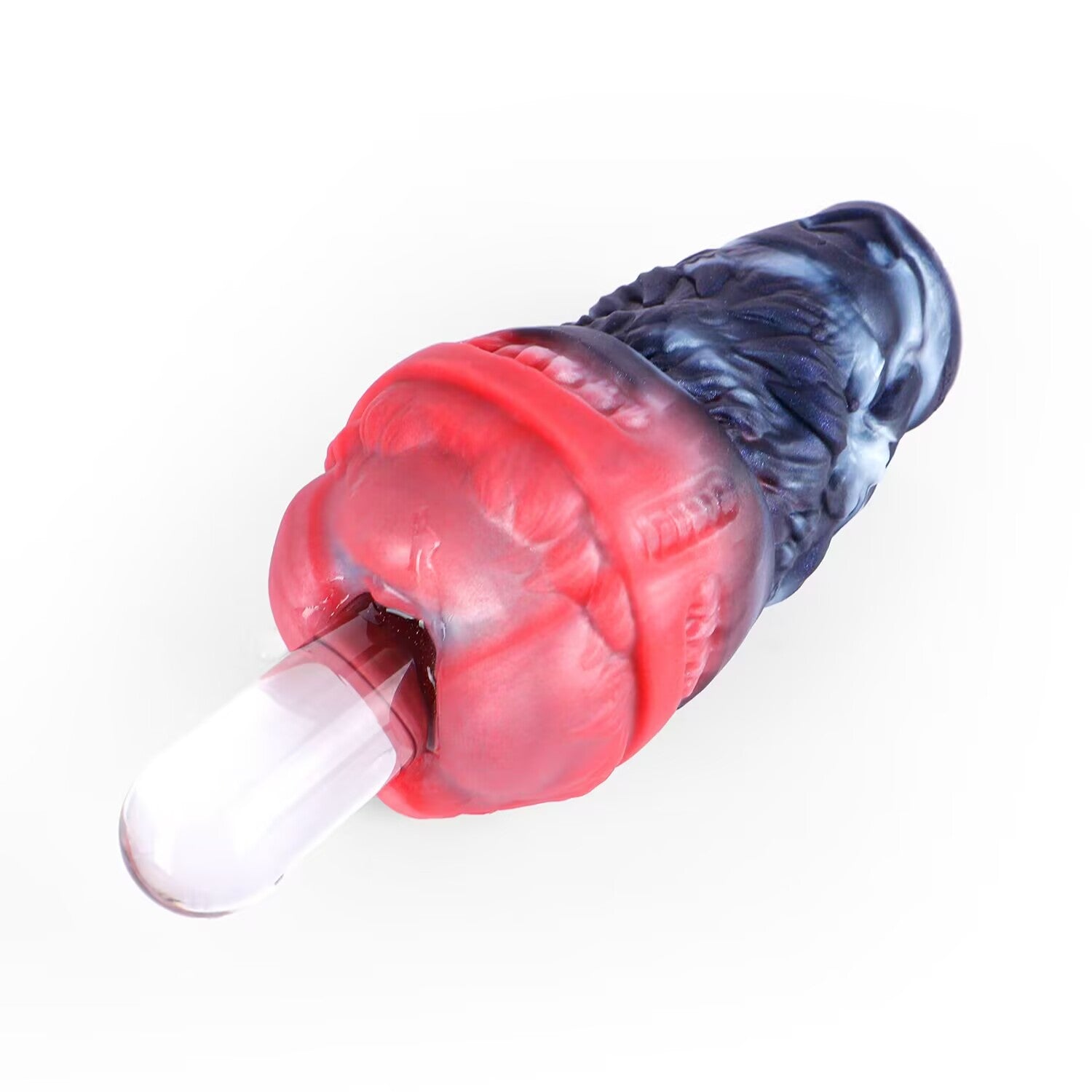 Angled view of Shadow Wolf Den male stroker with transparent rod inserted into the red top orifice.
