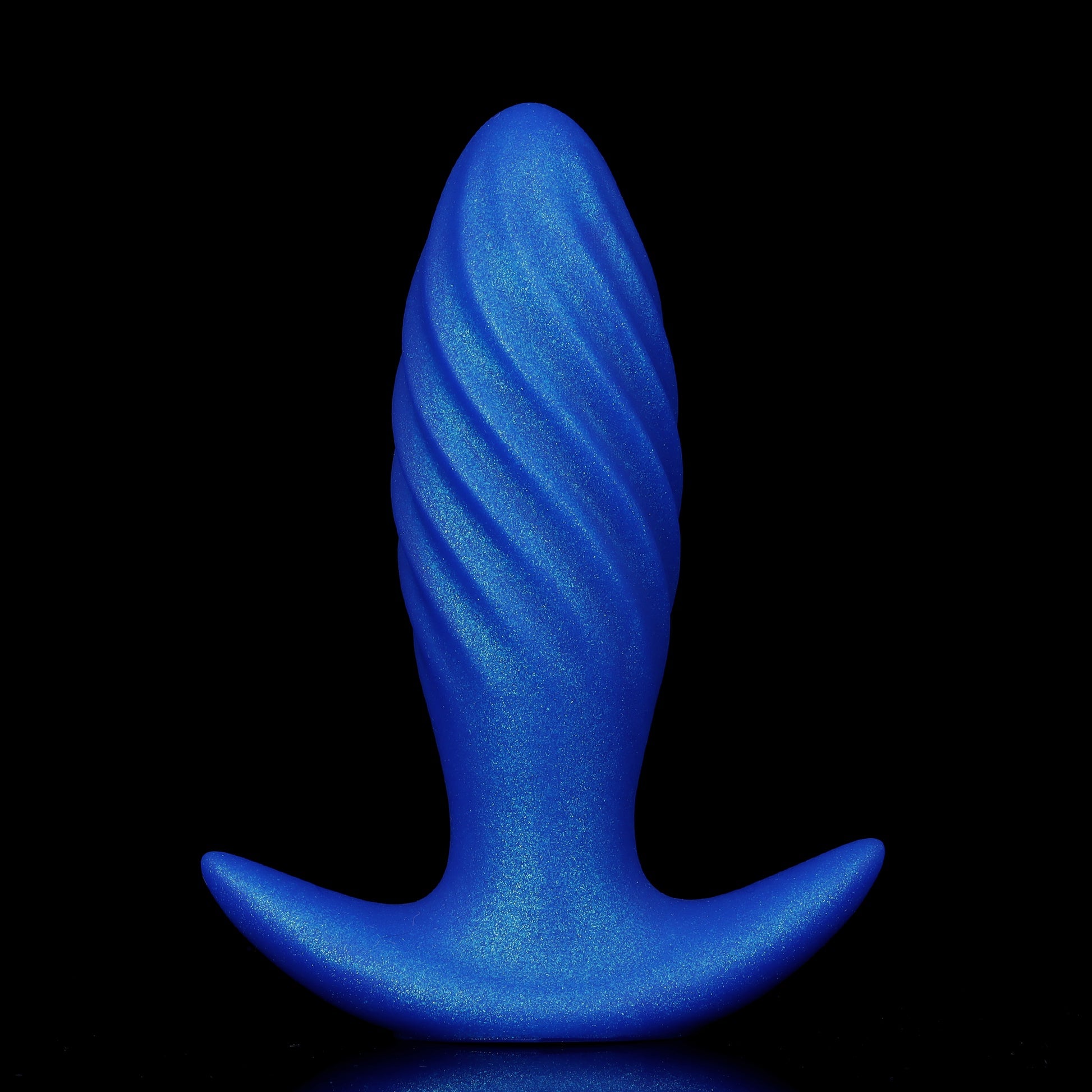 A vibrant shimmery royal blue flexible inflatable butt plug with aerodynamic spiral ridges and an ultra-safe T-shaped base.