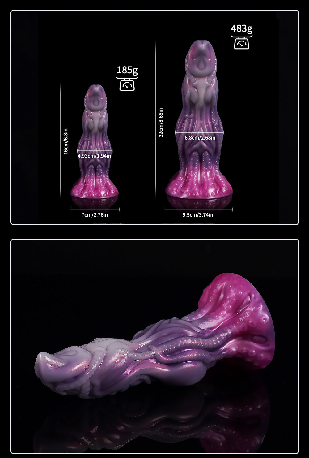 Shoggoth's Embrace fantasy silicone toy measurements for length and diameter.