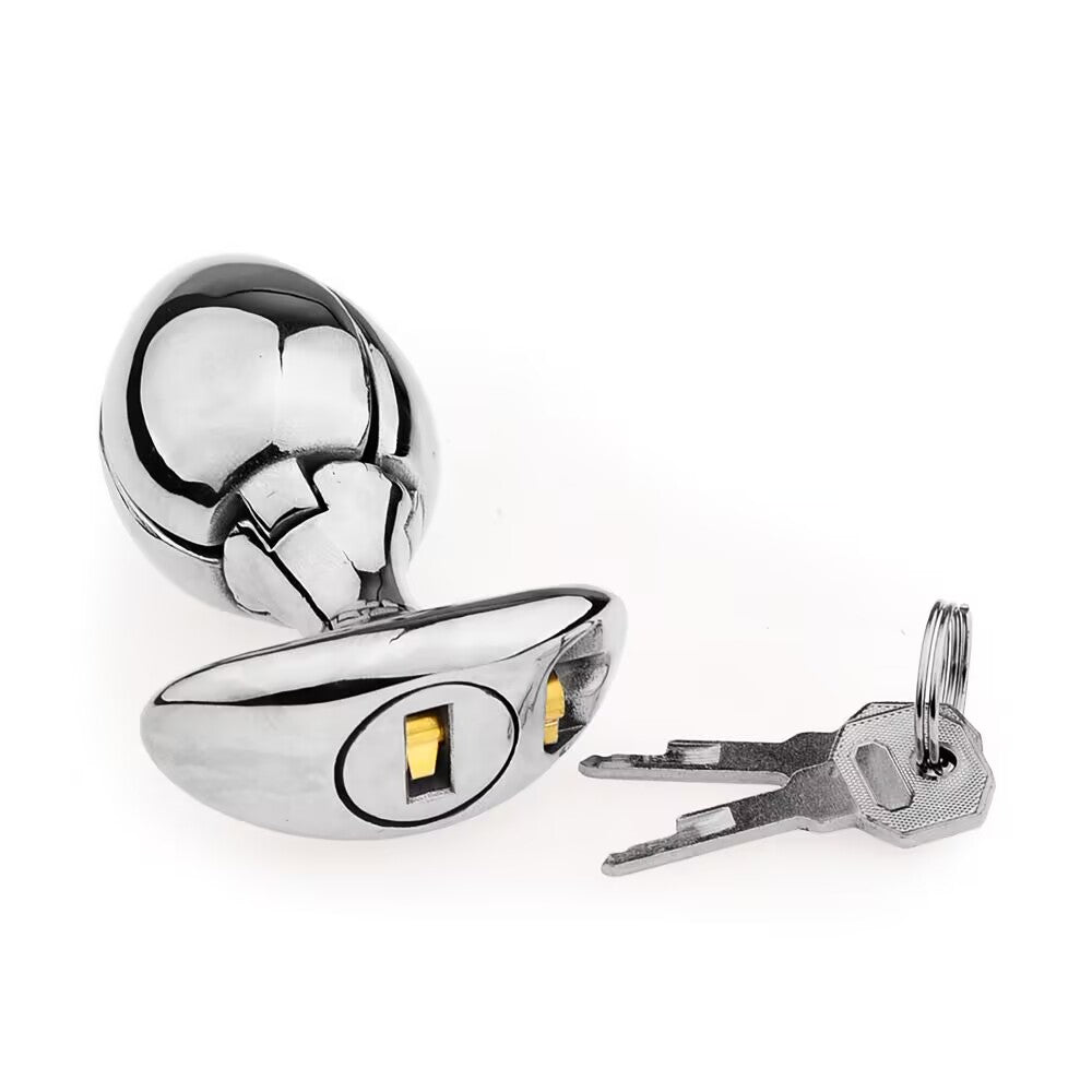 Sleek silver lockable expanding metal plug in closed position with matching keys.