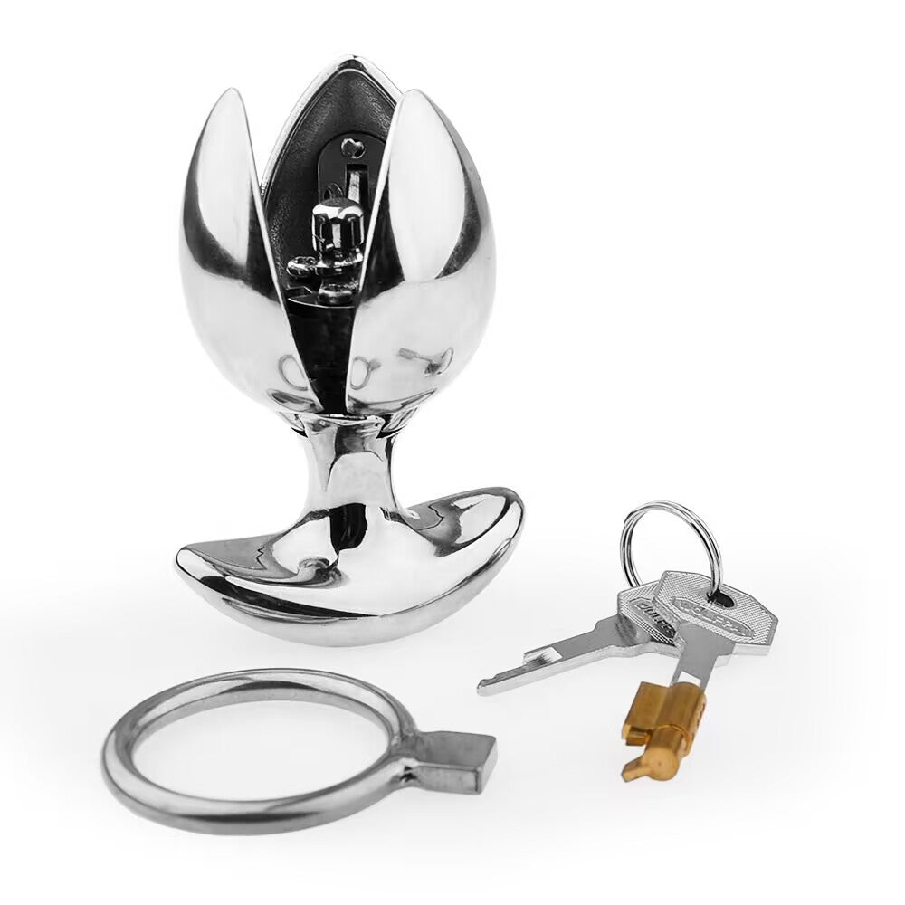 High-shine silver lockable metal expanding plug shown with precision keys and locking ring.