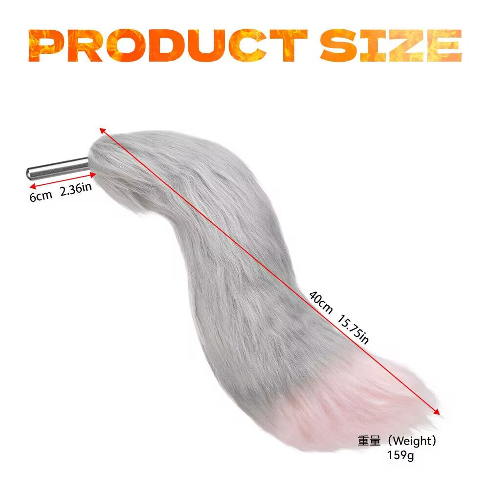 Size specification image for silver-pink gradient faux fur cosplay tail measuring 40cm with a 6cm insert pin.