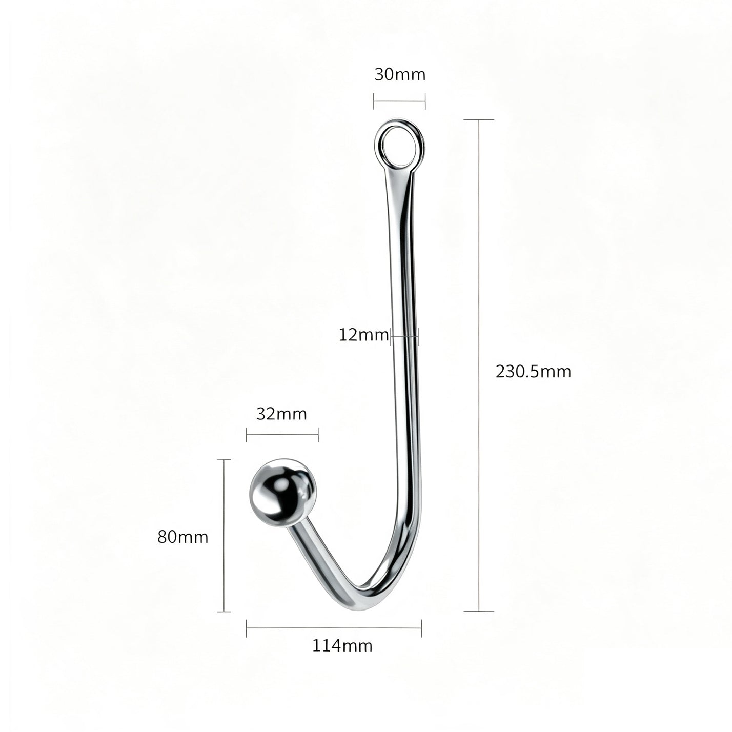 Detailed dimension diagram for single ball anal hook with 32mm bead diameter and 230.5mm total length.
