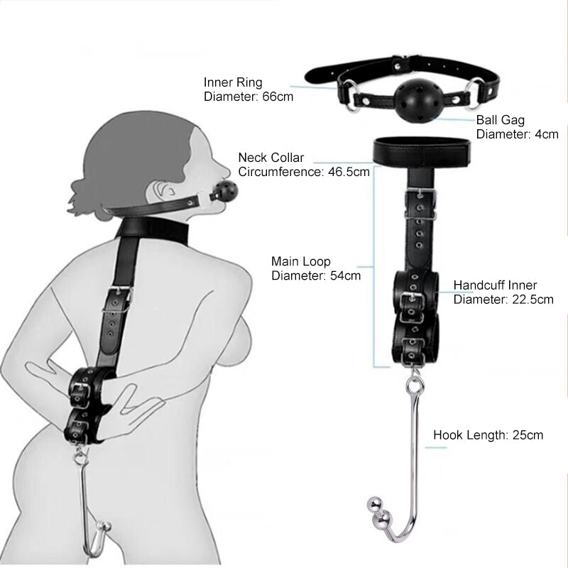 Posture restraint set dimension diagram featuring single ball anal hook, ball gag, collar, and handcuffs.