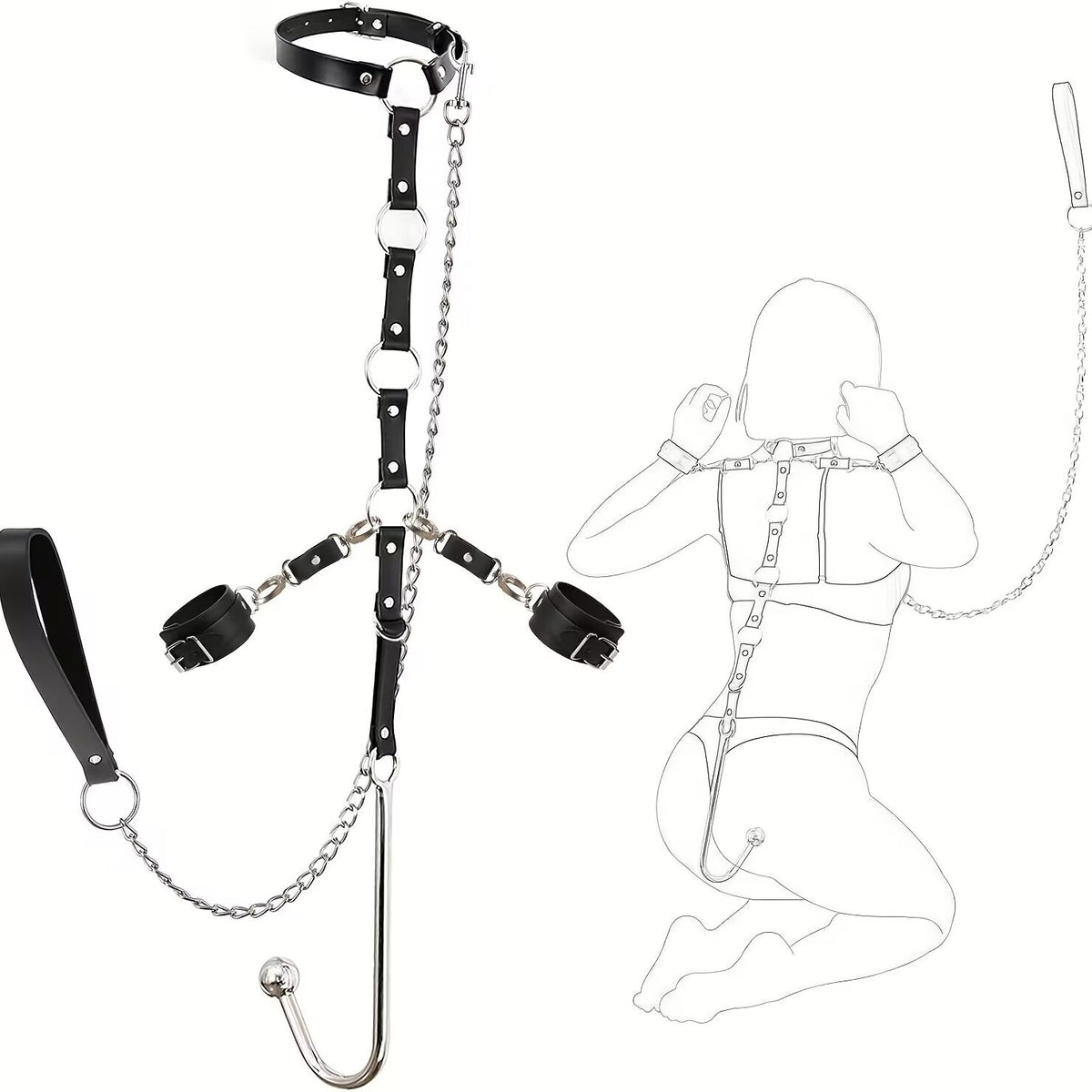 Single ball anal hook posture harness with leash chain and wearing demonstration diagram.