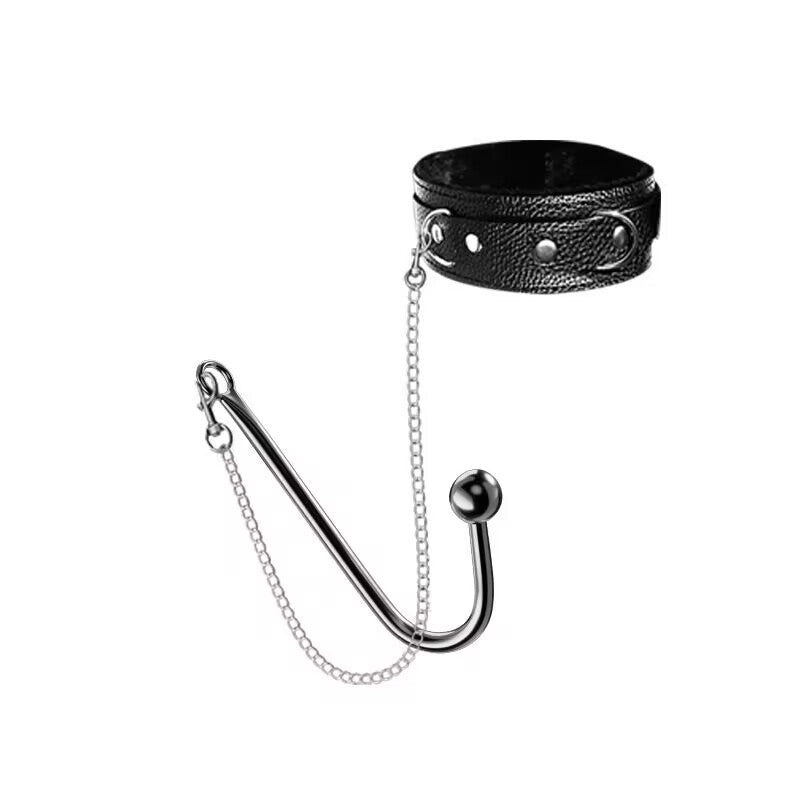 Single ball anal hook set attached to a black collar harness.