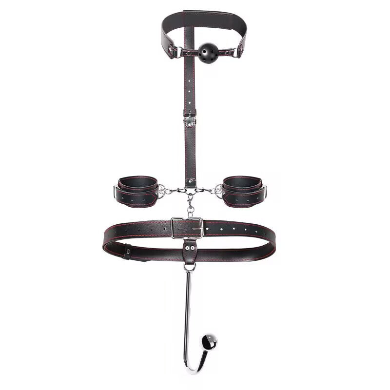 Full posture restraint kit with single ball anal hook, ball gag, and wrist cuffs.