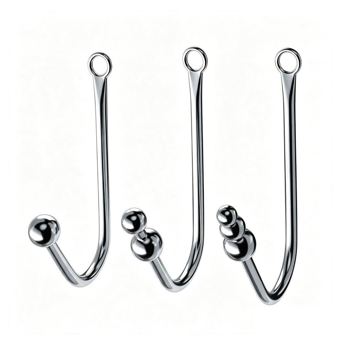 Comparison image of single, double, and triple graduated bead anal hooks for posture harness attachments.