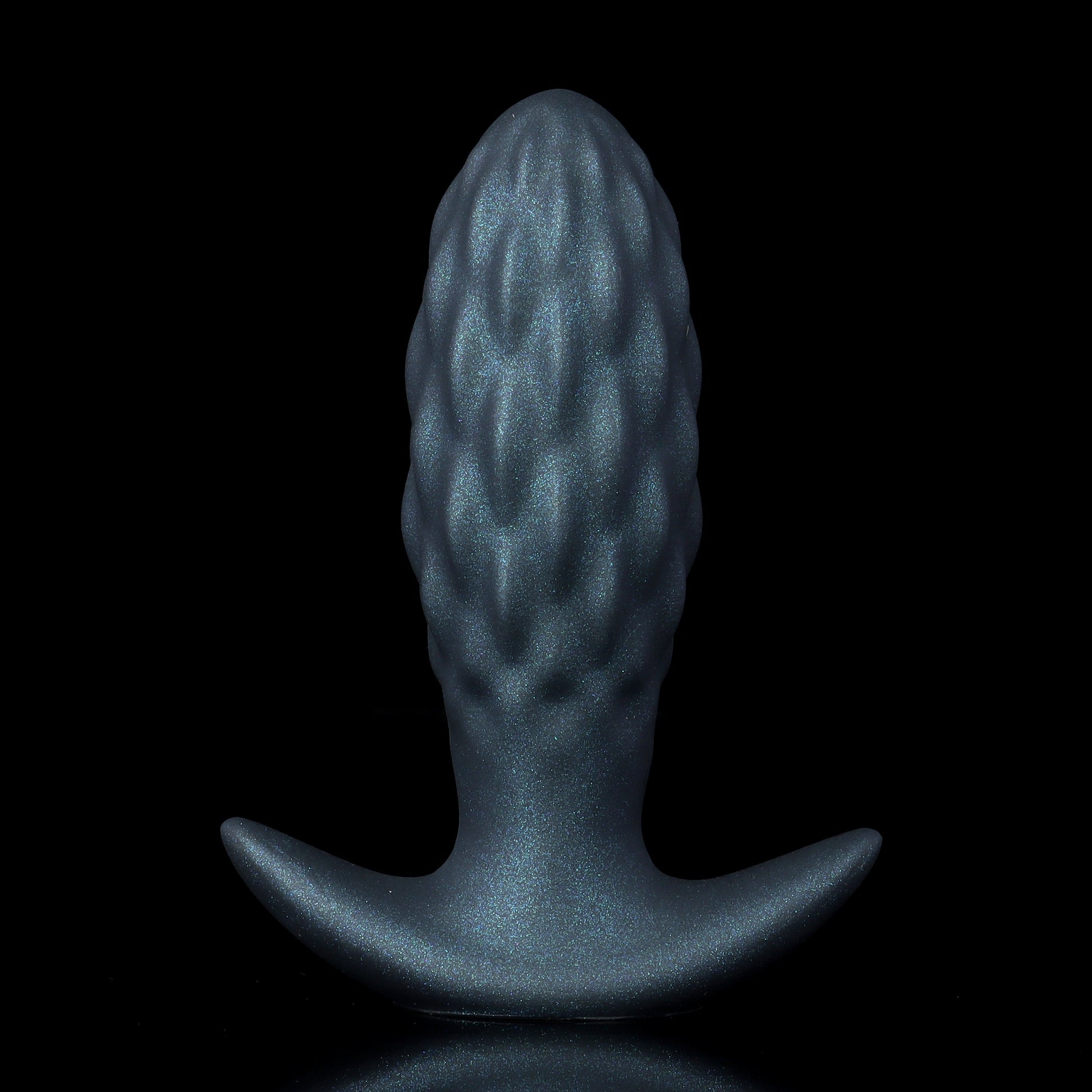 Front view of the SirenBody black inflatable anal plug showcasing the deep pinecone textured ribbed scale pattern on body-safe matte silicone.