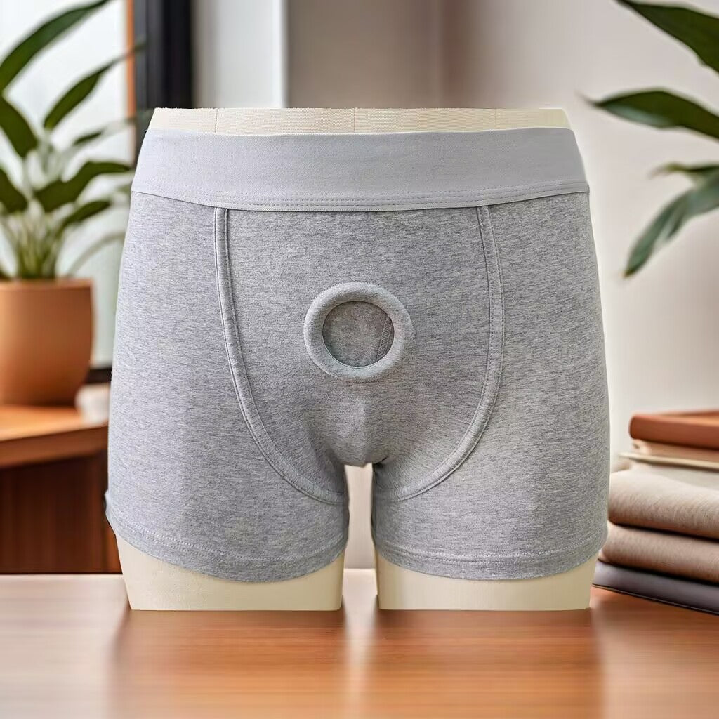 Slate gray cotton packing underwear boxer briefs with a light gray waistband displayed on a mannequin.