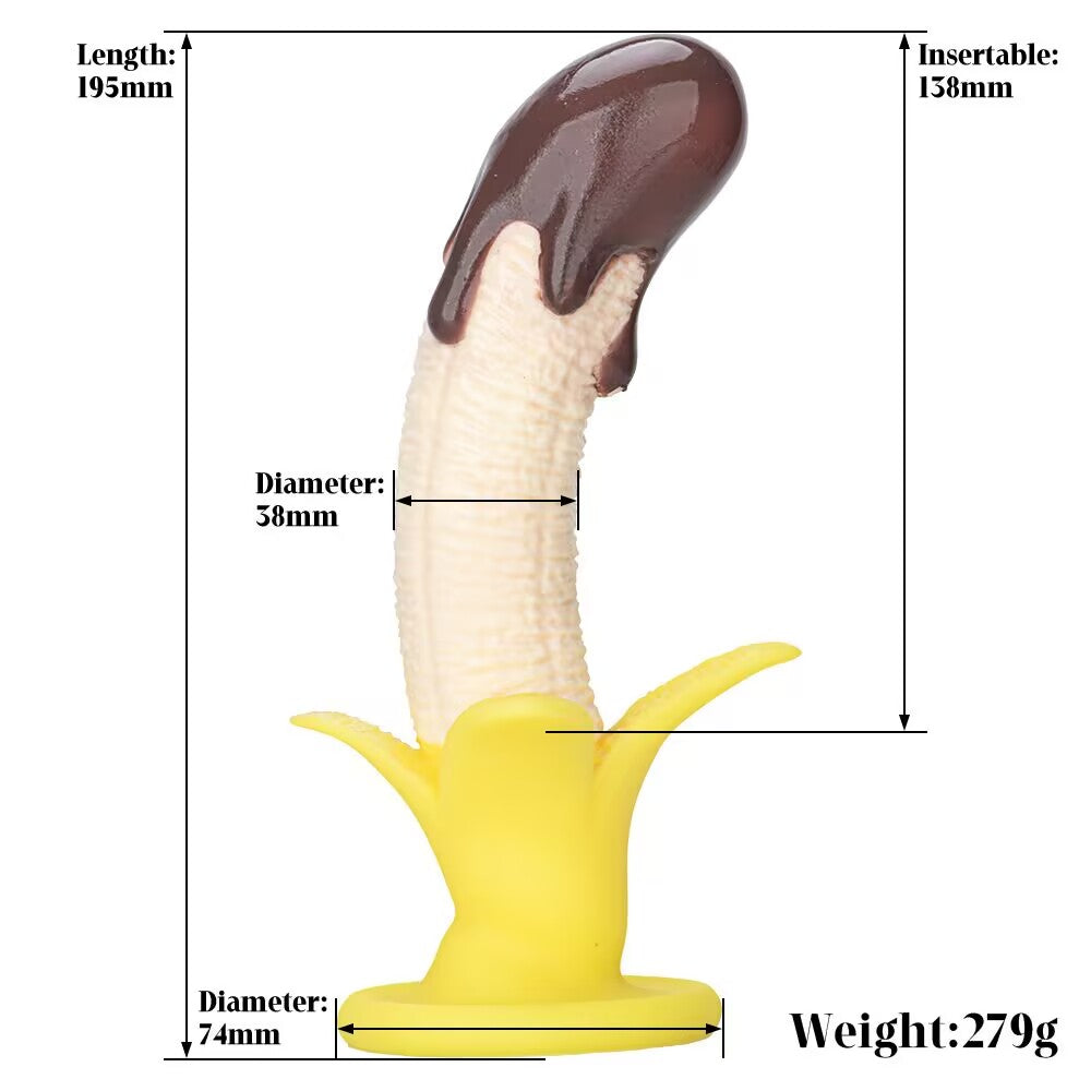 Dimension diagram for small chocolate banana dildo showing length 195mm and insertable length 138mm.