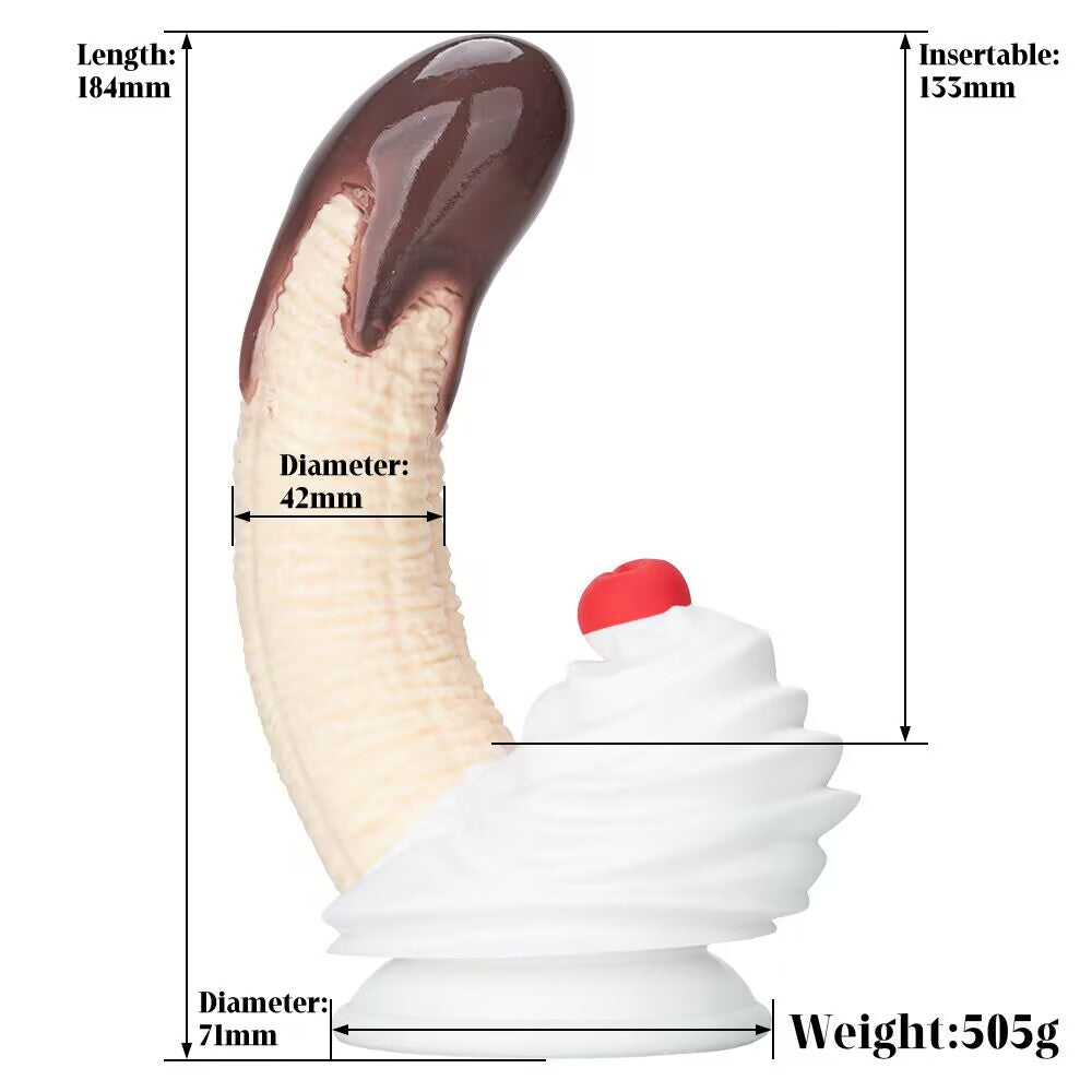 Size specification diagram for the Small size banana split dildo with 184mm total length and 42mm diameter.