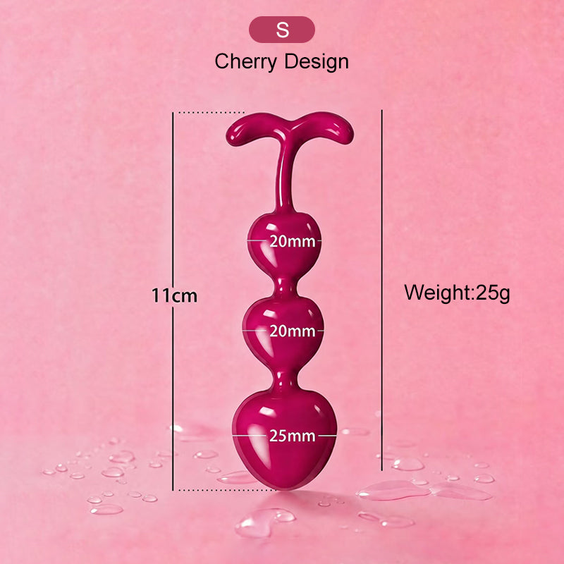 Small cherry butt plug measurements: 11cm length, 25g weight, with 20mm and 25mm progressive beads for beginners.