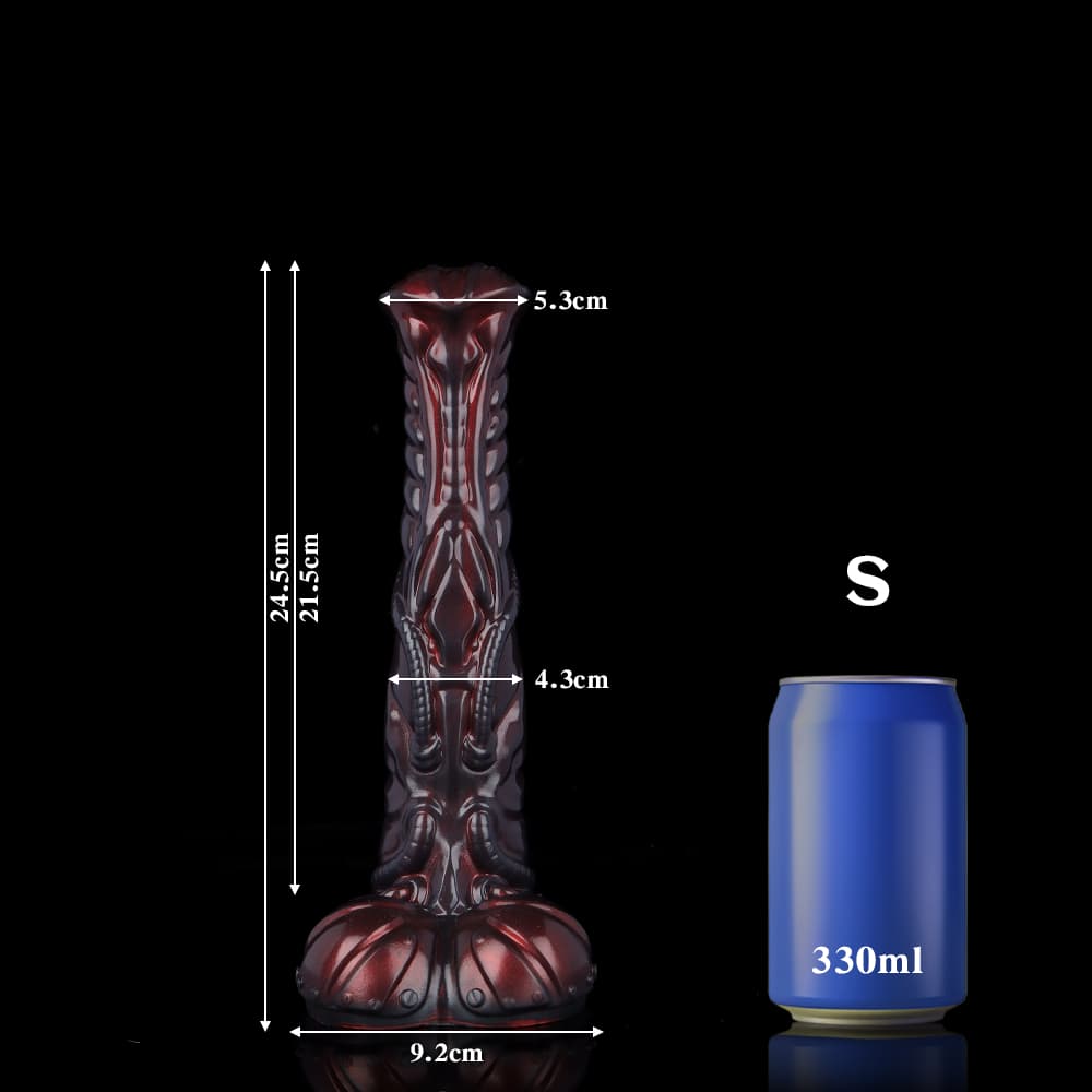 Dimension sheet for the small size biomechanical fantasy dildo, showing a total length of 24.5 cm and width of 4.3 cm.