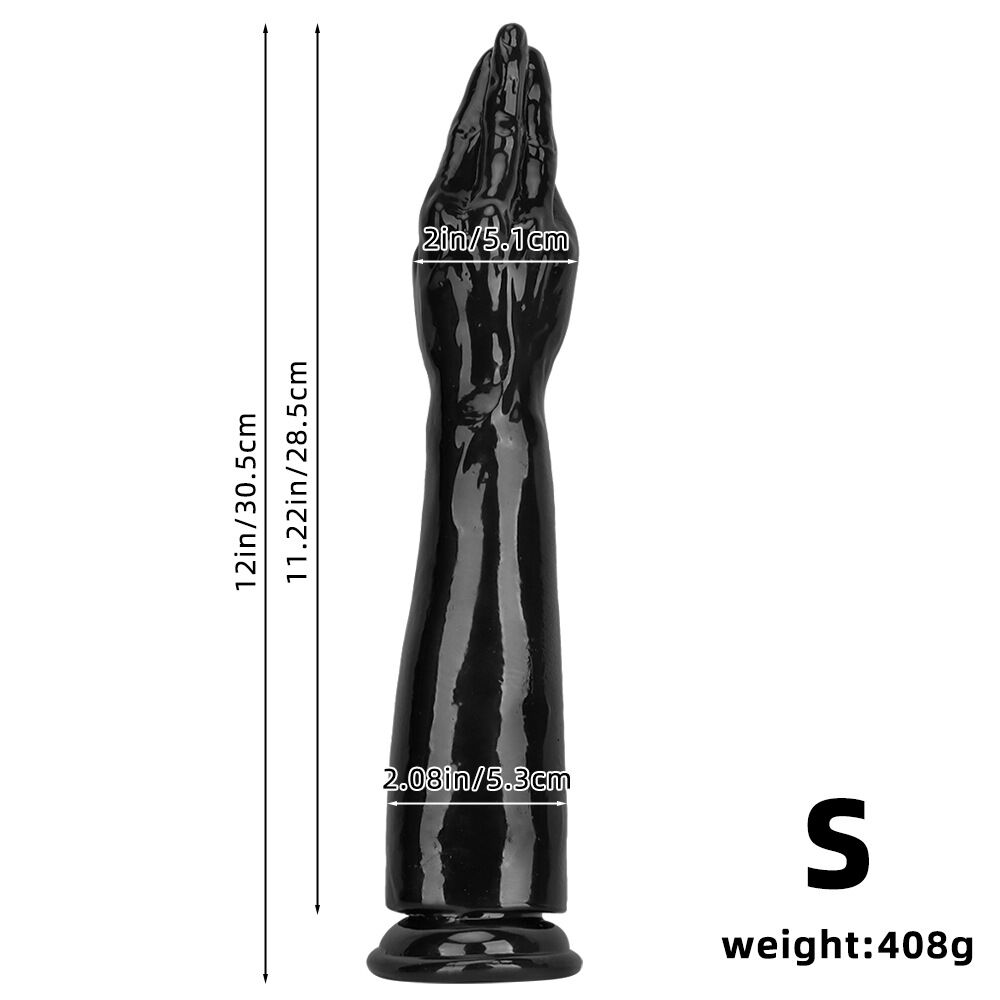 Full measurement diagram for the small size black prayer hand arm toy showing 12 inches total length and 408g weight.