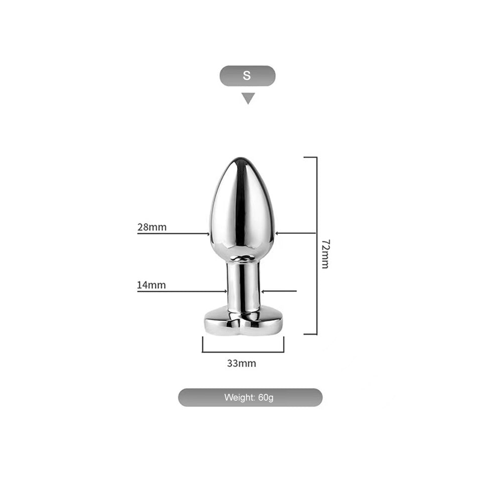 Size chart and specifications for the small S-size metal butt plug measuring 72mm in length and 28mm in diameter.