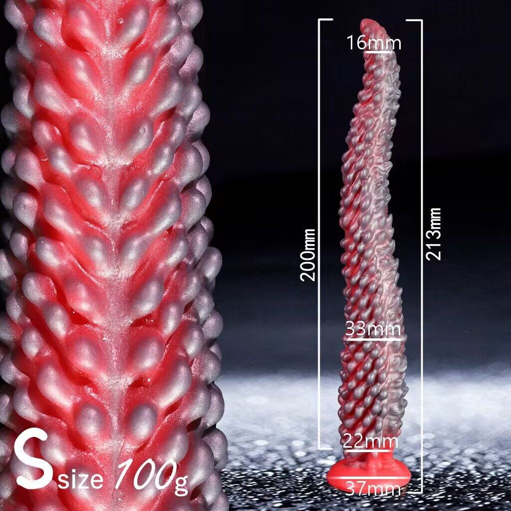Small size S fantasy silicone dildo specifications showing 213mm total length and 100g weight.