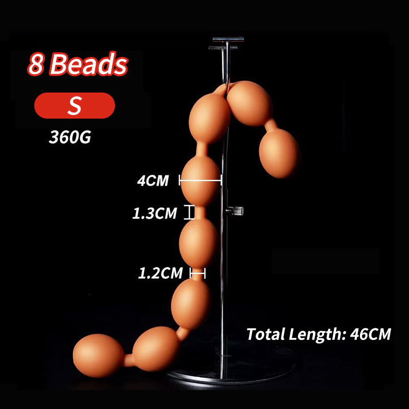 S size 8 beads silicone anal plug display with 4cm bead diameter 46cm length 360g weight specifications.