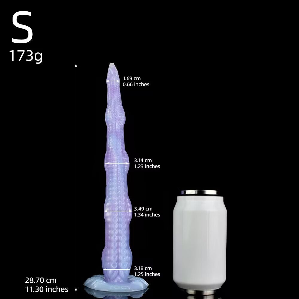 Size S purple tentacle dildo measuring 28.7cm in length, standing next to a white soda can for size comparison.