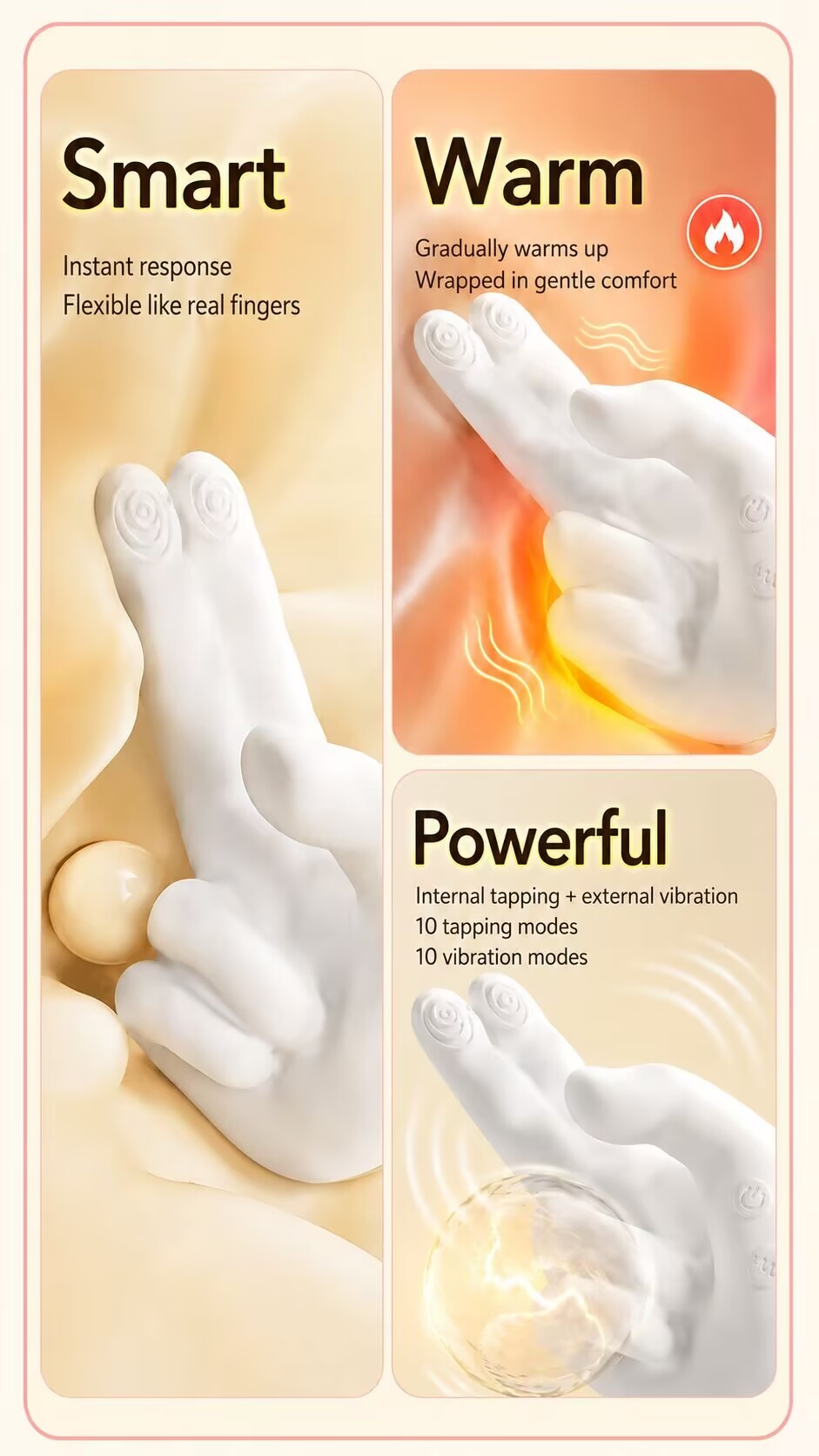 Product benefits collage demonstrating its instant response like real fingers, gradual 42C heating comfort, and powerful 10 tapping and 10 vibration modes.